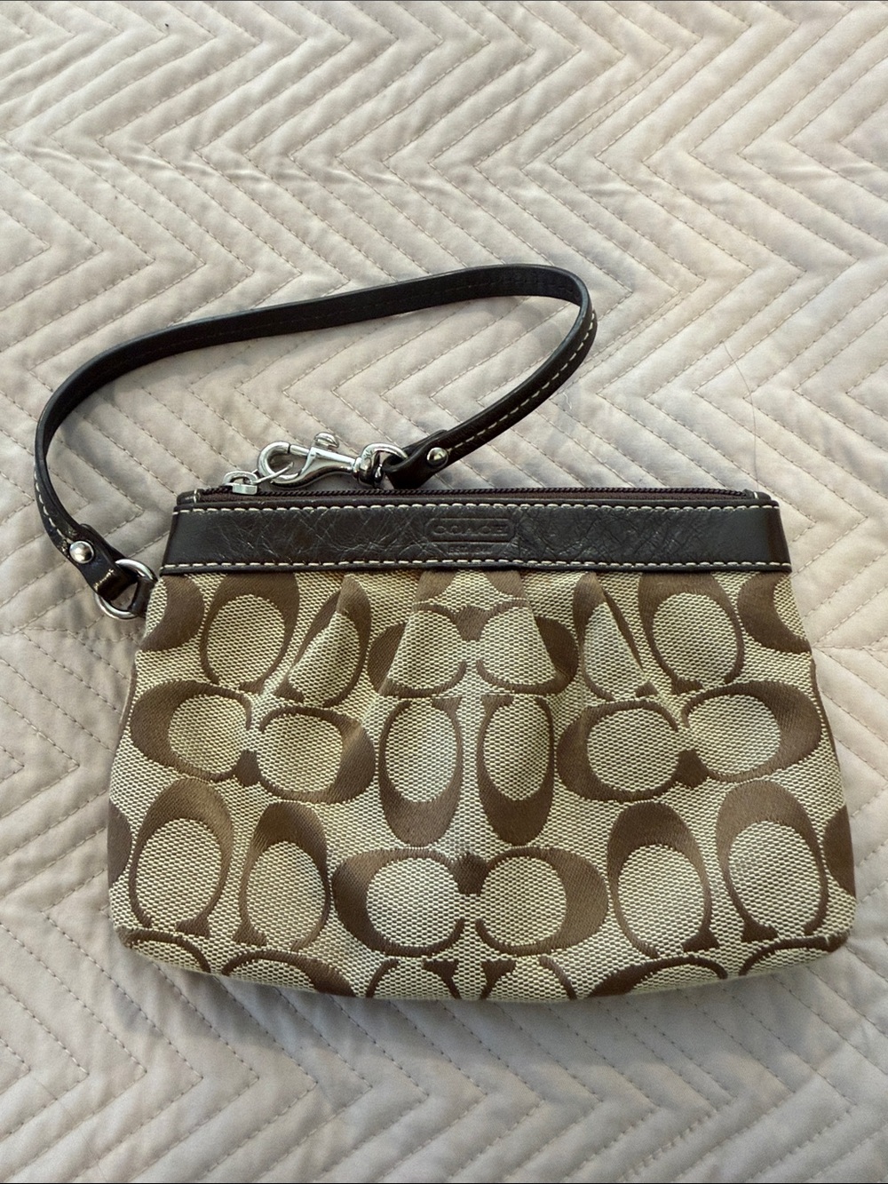 Coach Brown/Tan Signature Canvas Wristlet with Leather Trim
